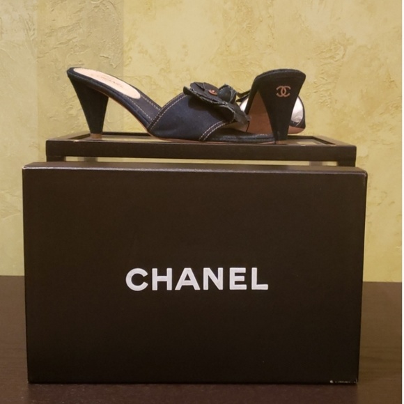CHANEL Shoes - Chanel Denim Blue Flower mule